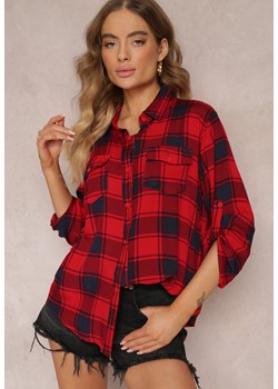 Czerwona Wiskozowa Koszula w Kratkę z Kieszeniami i Długimi Rękawami z Możliwością Podpięcia Diamna ze sklepu Renee odzież w kategorii Koszule damskie - zdjęcie 157098536