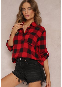 Czerwona Koszula z Wiskozy w Kratę i Podpinanymi Rękawami Damani ze sklepu Renee odzież w kategorii Koszule damskie - zdjęcie 157098556
