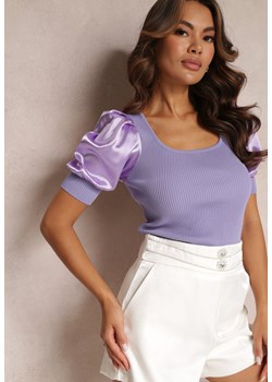 Fioletowa Prążkowana Bluzka z Satynowymi Rękawami Thinih ze sklepu Renee odzież w kategorii Bluzki damskie - zdjęcie 157099276