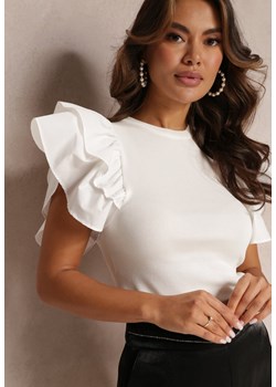 Biała Bluzka z Falbankami i Prążkowanej Dzianiny Faetasia ze sklepu Renee odzież w kategorii Bluzki damskie - zdjęcie 157099326