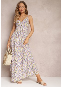 Fioletowa Sukienka z Bawełny w Kwiaty z Kopertowym Dekoltem i Regulowanymi Ramiączkami Debana ze sklepu Renee odzież w kategorii Sukienki - zdjęcie 157099606