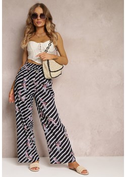 Granatowe Wzorzyste Spodnie z Gumką w Talii Kauva ze sklepu Renee odzież w kategorii Spodnie damskie - zdjęcie 157099736