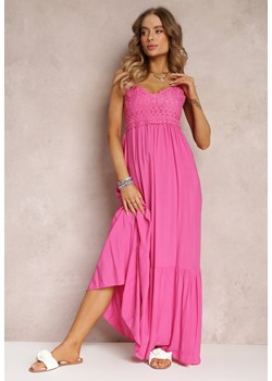 Różowa Rozkloszowana Sukienka Maxi na Cienkich Ramiączkach z Ażurową Górą Batri ze sklepu Renee odzież w kategorii Sukienki - zdjęcie 157099756