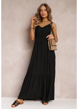 Czarna Rozkloszowana Sukienka Maxi na Cienkich Ramiączkach z Ażurową Górą Batri ze sklepu Renee odzież w kategorii Sukienki - zdjęcie 157099766
