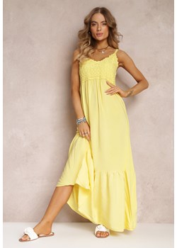 Żółta Rozkloszowana Sukienka Maxi na Cienkich Ramiączkach z Ażurową Górą Batri ze sklepu Renee odzież w kategorii Sukienki - zdjęcie 157099776
