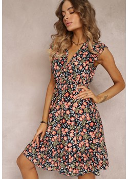 Granatowa Sukienka Rozkloszowana w Kwiaty z Wiskozy Selesima ze sklepu Renee odzież w kategorii Sukienki - zdjęcie 157099846