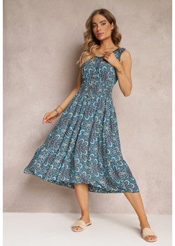 Niebieska Kwiecista Sukienka Midi z Cienkimi Gumkami w Talii i Falbankami Jallia ze sklepu Renee odzież w kategorii Sukienki - zdjęcie 157100026