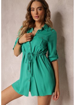 Zielona Dłuższa Koszula Ściągana w Pasie z Wiskozy i Kieszeniami Genessa ze sklepu Renee odzież w kategorii Koszule damskie - zdjęcie 157100296