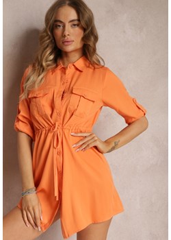 Pomarańczowa Dłuższa Koszula Ściągana w Pasie z Wiskozy i Kieszeniami Genessa ze sklepu Renee odzież w kategorii Koszule damskie - zdjęcie 157100306