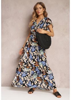 Czarno-Niebieska Sukienka Rozkloszowana w Kwiaty z Gumką w Pasie Diggle ze sklepu Renee odzież w kategorii Sukienki - zdjęcie 157100396
