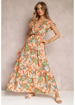 Pomarańczowa Sukienka Rozkloszowana w Kwiaty z Gumką w Pasie Diggle ze sklepu Renee odzież w kategorii Sukienki - zdjęcie 157100406