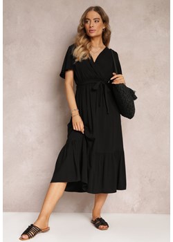 Czarna Rozkloszowana Sukienka z Kopertowym Dekoltem i Wiązanym Paskiem Elanor ze sklepu Renee odzież w kategorii Sukienki - zdjęcie 157100506