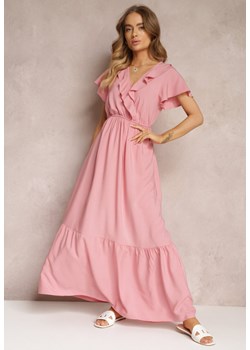 Różowa Sukienka Maxi z Kopertowym Dekoltem i Gumką w Talii Broka ze sklepu Renee odzież w kategorii Sukienki - zdjęcie 157100556
