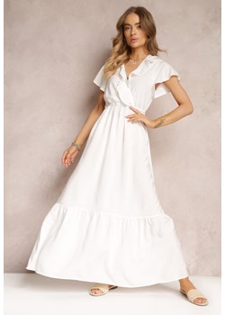 Biała Sukienka Maxi z Kopertowym Dekoltem i Gumką w Talii Broka ze sklepu Renee odzież w kategorii Sukienki - zdjęcie 157100566