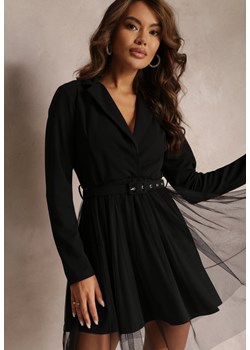 Czarna Sukienka z Kopertowym Dekoltem i Tiulowym Dołem z Paskiem Kailana ze sklepu Renee odzież w kategorii Sukienki - zdjęcie 157100696