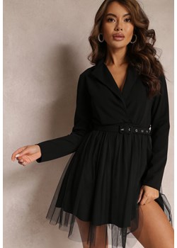 Czarna Sukienka z Kopertowym Dekoltem i Tiulowym Dołem z Paskiem Kailana ze sklepu Renee odzież w kategorii Sukienki - zdjęcie 157100698