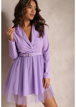 Fioletowa Sukienka z Kopertowym Dekoltem i Tiulowym Dołem z Paskiem Kailana ze sklepu Renee odzież w kategorii Sukienki - zdjęcie 157100708
