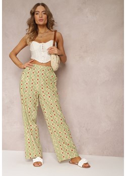 Jasnozielone Szerokie Spodnie w Fantazyjny Print Bawełniane Rosabella ze sklepu Renee odzież w kategorii Spodnie damskie - zdjęcie 157100878