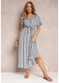 Niebieska Rozkloszowana Sukienka z Wiskozy z Gumką w Pasie Branda ze sklepu Renee odzież w kategorii Sukienki - zdjęcie 157100998