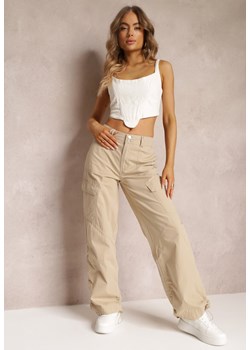 Beżowe Bawełniane Spodnie z Gumeczkami Przy Nogawkach Moye ze sklepu Renee odzież w kategorii Spodnie damskie - zdjęcie 157101657