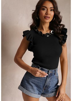 Czarna Bluzka z Prążkowanej Dzianiny i Łańcuchem Izabellah ze sklepu Renee odzież w kategorii Bluzki damskie - zdjęcie 157102187