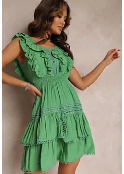 Zielona Sukienka z Gumkami w Talii  i Falbanami Yanel ze sklepu Renee odzież w kategorii Sukienki - zdjęcie 157102215