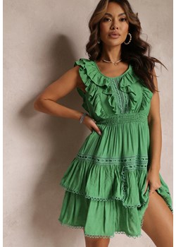 Zielona Sukienka z Gumkami w Talii  i Falbanami Yanel ze sklepu Renee odzież w kategorii Sukienki - zdjęcie 157102217