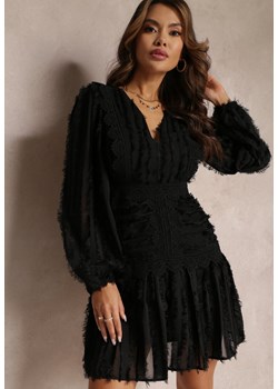 Czarna Sukienka Rozkloszowana z Wystrzępieniem i Koronką Avela ze sklepu Renee odzież w kategorii Sukienki - zdjęcie 157102237