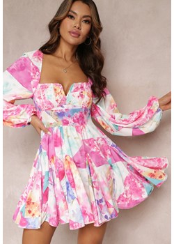 Różowa Rozkloszowana Sukienka w Kwiaty z Kwadratowym Dekoltem Averla ze sklepu Renee odzież w kategorii Sukienki - zdjęcie 157102247