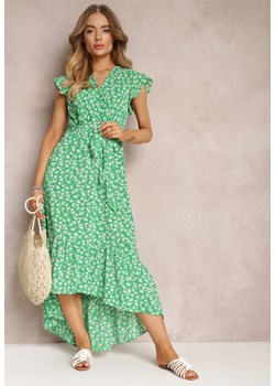 Zielona Asymetryczna Sukienka Midi w Kwiaty z Falbanką Narexis ze sklepu Renee odzież w kategorii Sukienki - zdjęcie 157102377