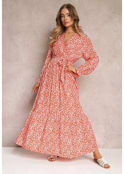 Pomarańczowa Sukienka w Kwiaty z Falbaną i Wiązanym Paskiem Zeralia ze sklepu Renee odzież w kategorii Sukienki - zdjęcie 157102417