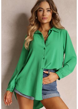 Zielona Koszula Przedłużona z Tyłu o Gładkiej Fakturze Darce ze sklepu Renee odzież w kategorii Koszule damskie - zdjęcie 157102797