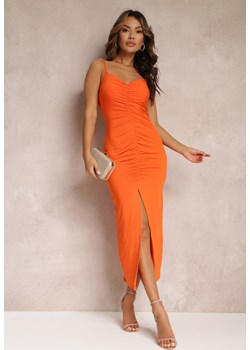 Pomarańczowa Sukienka Dopasowana z Wycięciem i Marszczeniem Viollette ze sklepu Renee odzież w kategorii Sukienki - zdjęcie 157103326