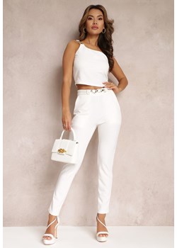 Biały 2-częściowy Komplet z Asymetrycznym Topem i Spodniami z Paskiem Kilyn ze sklepu Renee odzież w kategorii Komplety i garnitury damskie - zdjęcie 157103356