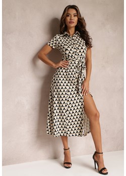 Beżowa Koszulowa Sukienka Midi z Krótkim Rękawem i Materiałowym Paskiem Dailin ze sklepu Renee odzież w kategorii Sukienki - zdjęcie 157103499