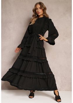 Czarna Rozkloszowana Sukienka Koszulowa z Falbanka i Koronką Huzu ze sklepu Renee odzież w kategorii Sukienki - zdjęcie 157103529