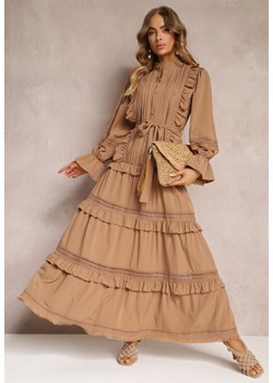 Ciemnobeżowa Rozkloszowana Sukienka Koszulowa z Falbanka i Koronką Huzu ze sklepu Renee odzież w kategorii Sukienki - zdjęcie 157103539