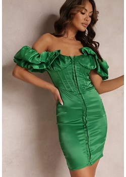 Zielona Dopasowana Sukienka Satynowa z Bufiastym Rękawem Clarimond ze sklepu Renee odzież w kategorii Sukienki - zdjęcie 157103629