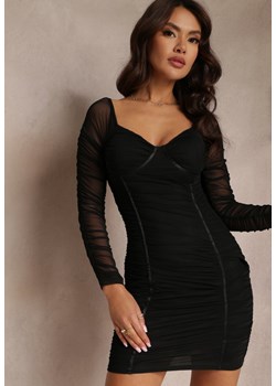 Czarna Dopasowana Sukienka Mini z Marszczeniem i Długim Rękawem Milyena ze sklepu Renee odzież w kategorii Sukienki - zdjęcie 157103669