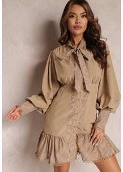 Ciemnobeżowa Rozkloszowana Sukienka Mini z Szerokimi Rękawami i Wiązaniem przy Dekolcie Pesy ze sklepu Renee odzież w kategorii Sukienki - zdjęcie 157103749