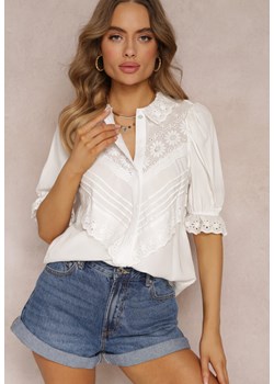 Biała Koszula z Haftowanym Kołnierzem i Rękawem z Gumką Prescotta ze sklepu Renee odzież w kategorii Koszule damskie - zdjęcie 157104129