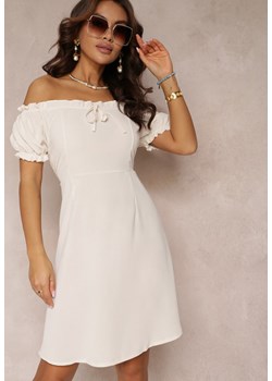 Jasnobeżowa Rozkloszowana Sukienka Mini z Hiszpańskim Dekoltem i Krótkim Rękawem Misk ze sklepu Renee odzież w kategorii Sukienki - zdjęcie 157104229