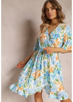 Jasnoniebieska Rozkloszowana Sukienka Mini z Kopertową Górą i Gumką w Talii z Wiskozy Elidi ze sklepu Renee odzież w kategorii Sukienki - zdjęcie 157104269