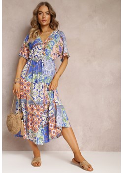 Niebieska Wiskozowa Sukienka Midi w Kwiaty z Gumką w Pasie Roslyna ze sklepu Renee odzież w kategorii Sukienki - zdjęcie 157104689
