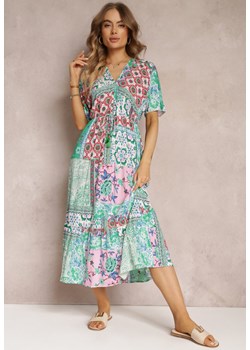 Zielono-Różowa Wiskozowa Sukienka Midi w Kwiaty z Gumką w Pasie Roslyna ze sklepu Renee odzież w kategorii Sukienki - zdjęcie 157104699