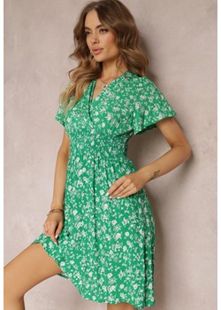 Zielona Wiskozowa Sukienka Mini w Kwiaty z Gumką w Talii i Kopertową Górą Joslena ze sklepu Renee odzież w kategorii Sukienki - zdjęcie 157104839