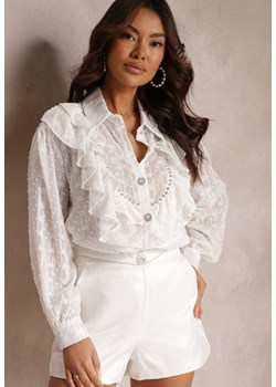 Biała Koszula Plumeti z Falbanką i Metaliczną Nitką Eutria ze sklepu Renee odzież w kategorii Koszule damskie - zdjęcie 157104986