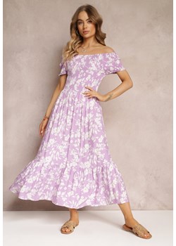 Fioletowa Rozkloszowana Sukienka Maxi z Hiszpańskim Dekoltem w Kwiaty Zevana ze sklepu Renee odzież w kategorii Sukienki - zdjęcie 157105909