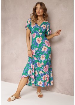 Zielona Rozkloszowana Sukienka Maxi z Gumkami w Talii i Falbankami Tayte ze sklepu Renee odzież w kategorii Sukienki - zdjęcie 157105919