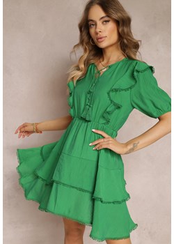 Zielona Sukienka Mini z Gumką w Pasie i Falbankami Makenza ze sklepu Renee odzież w kategorii Sukienki - zdjęcie 157106175